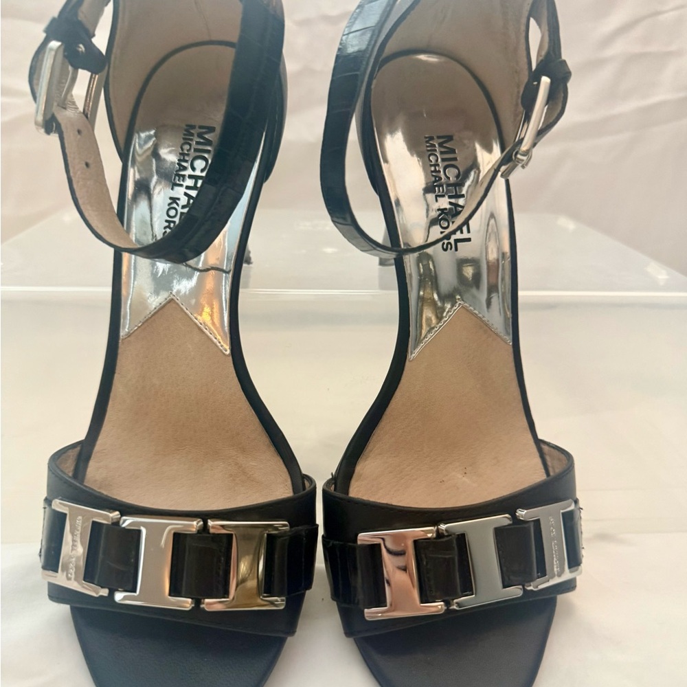 Michael Kors Greta Black and Silver Heeled Sandals
